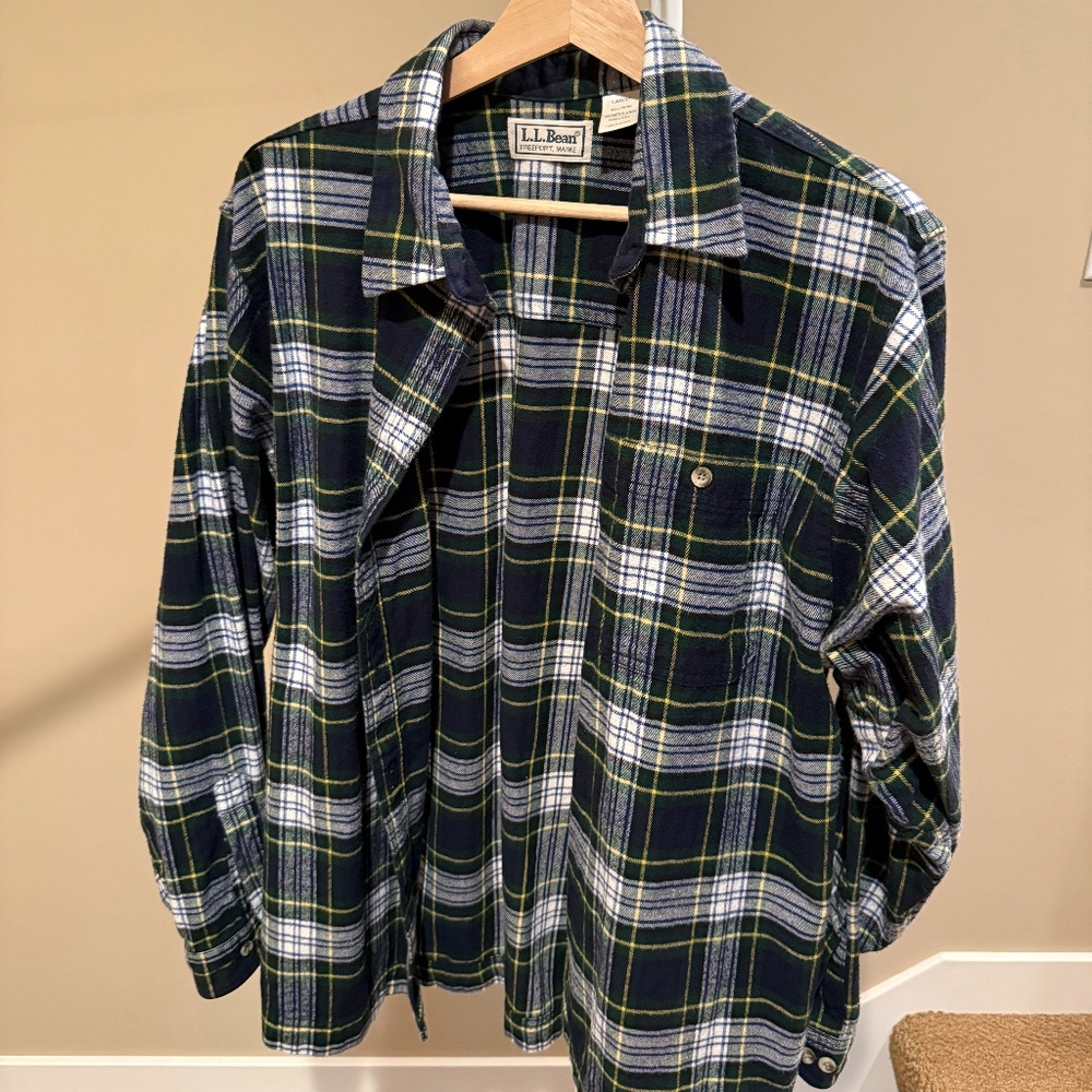 LL Bean Women's Casual Plaid Flannel Shirt, Navy and Green, Size L